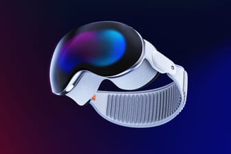 Valencia, Spain - June, 2023: Apple Vision Pro mixed reality device floating on a dark background in 3D render. The era of spatial computing that blends digital content with your physical space