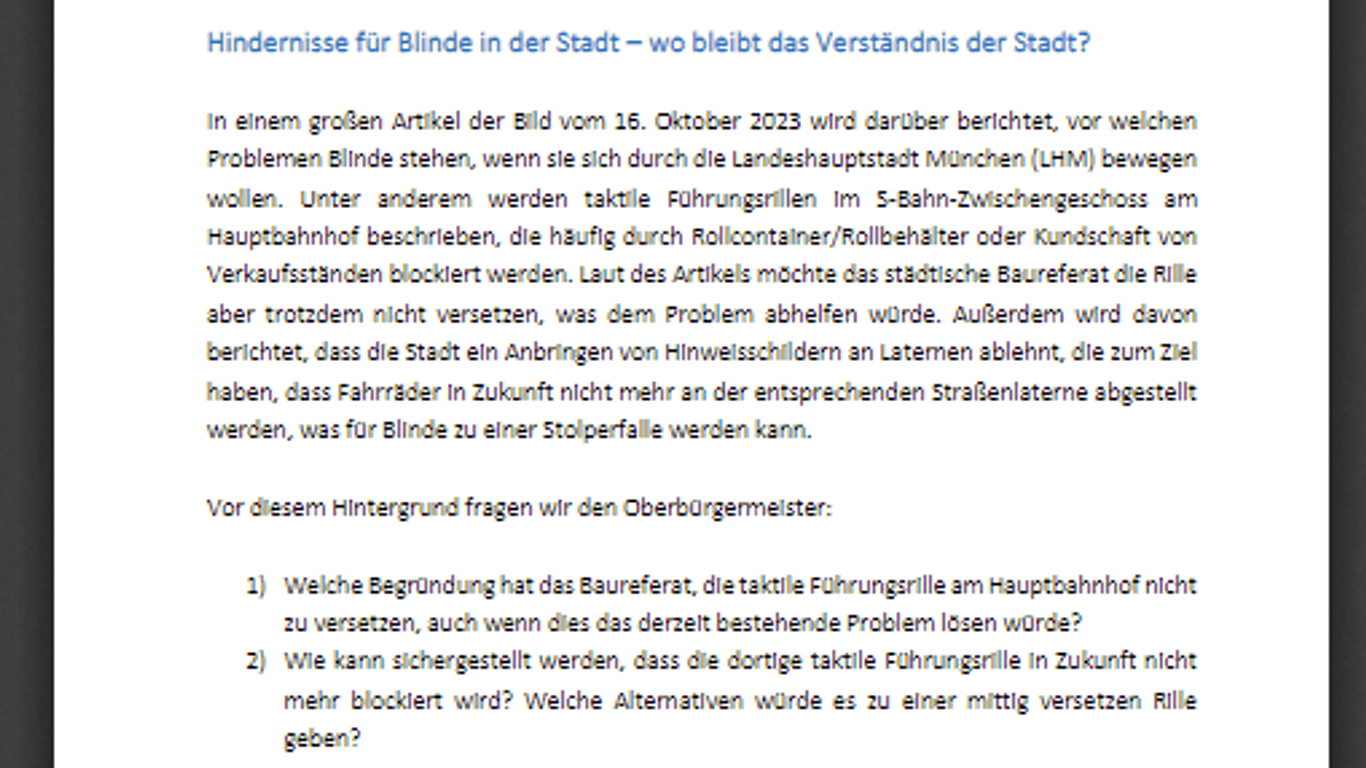 Antrag der CSU-Fraktion an den Oberbürgermeister Dieter Reiter zum Thema "Hindernisse für Blinde in der Stadt".