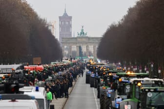 People stand beside tractors, as German farmers take part in a protest against the cut of vehicle tax subsidies, by the Brandenburg Gate, in Berlin, December 18, 2023