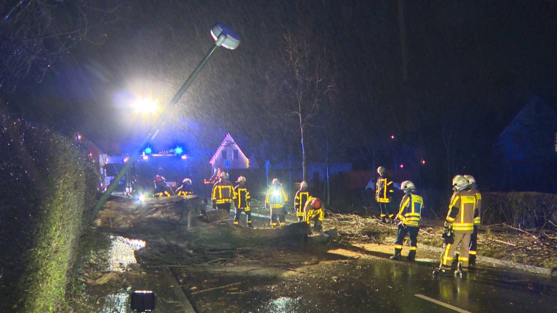 Einsatzkräfte der Feuerwehr in Castrop-Rauxel: Mit Motorsägen zerkleinerten sie einen umgestürzten Baum.