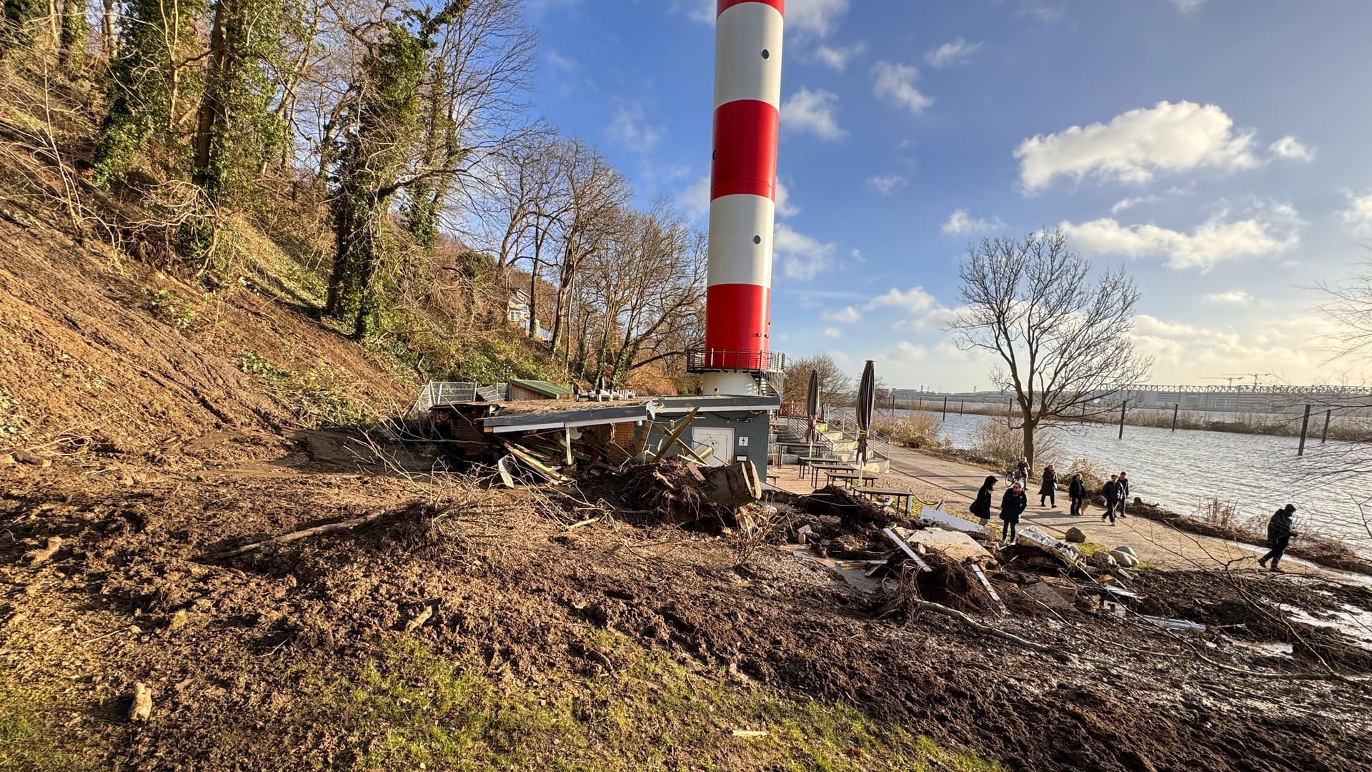 Auf einer Breite von etwa 15 Metern riss der Hang ab. Erdreich beschädigte das Lokal. Wie groß die Schäden sind, ist noch nicht absehbar. Auf einer Breite von etwa 15 Metern riss der Hang ab. Erdreich beschädigte das Lokal. Wie groß die Schäden sind, ist noch nicht absehbar.