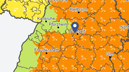 Im orangen Bereich warnt der Wetterdienst vor Glätte.