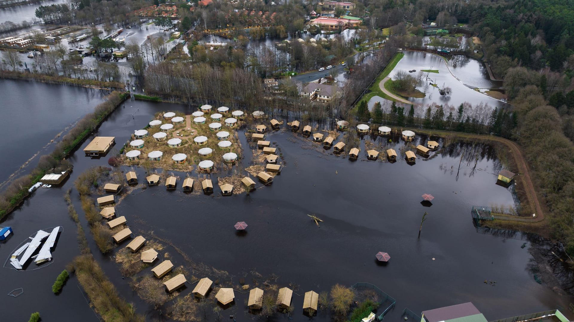 Flächen vom Serengeti-Park sind teilweise von Wasser überflutet. Die ersten Tiere im Serengeti-Park im niedersächsischen Hodenhagen sind wegen des Hochwassers bereits evakuiert worden.