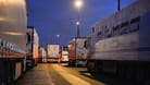 Überfüllt: Lkw und Busse parken auf einem Autobahnparklatz.