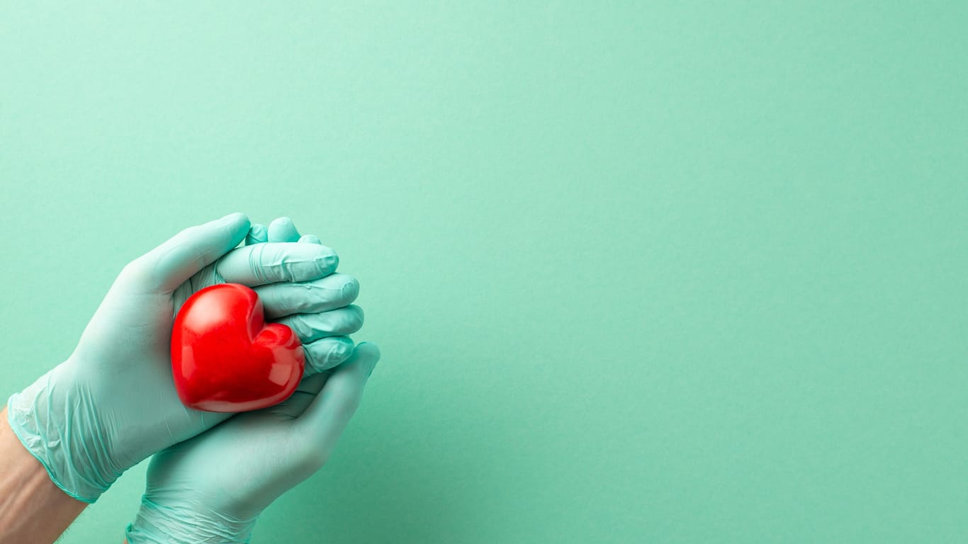 Person mit OP-Handschuhen, die das Modell eines Herzens in den Händen trägt