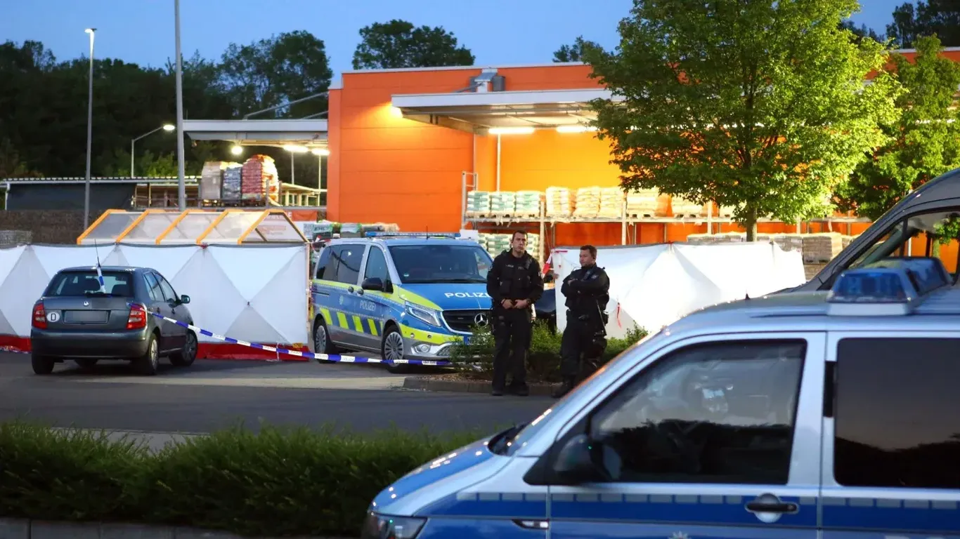 Polizisten stehen vor dem Tatort (Archivbild): Ein Mann hat seine Ehefrau auf einem Parkplatz erstochen.