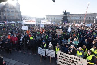 Teilnehmer einer Kundgebung des Bauernverbands auf dem Theaterplatz in Dresden