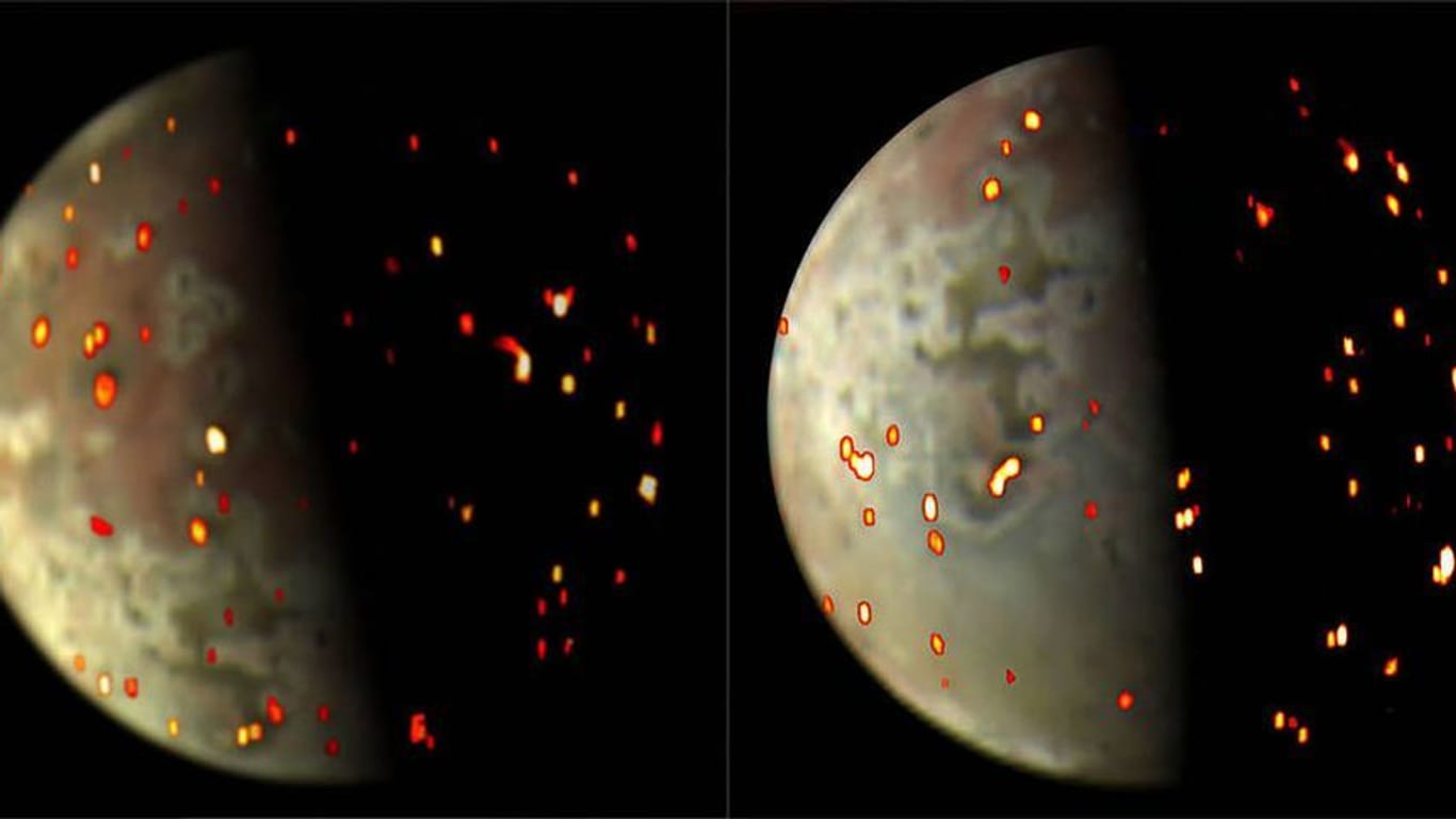 Die bearbeitete Aufnahme von Juno zeigt die zahlreichen Vulkane auf dem Jupiter-Mond Io.
