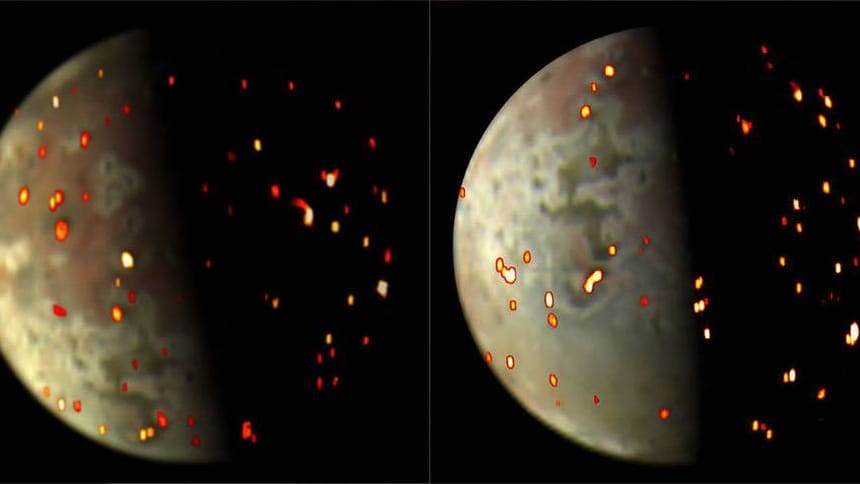 Die bearbeitete Aufnahme von Juno zeigt die zahlreichen Vulkane auf dem Jupiter-Mond Io.