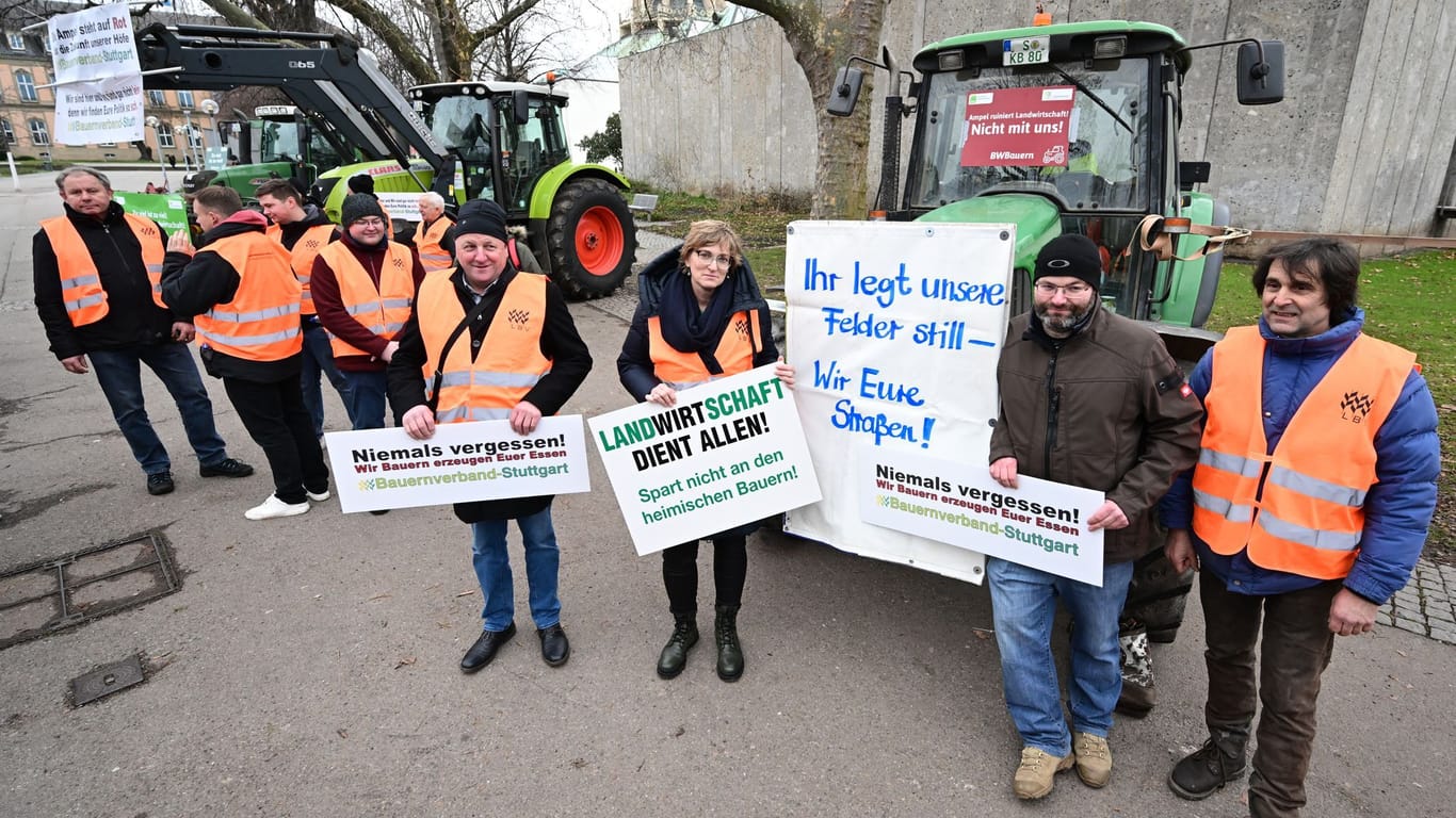 Landwirte protestieren mit ihren Traktoren und Schildern vor dem Dreikönigstreffen der FDP: Die Sparmaßnahmen der Regierung hatten zu zahlreichen Protesten der deutschen Landwirte geführt.