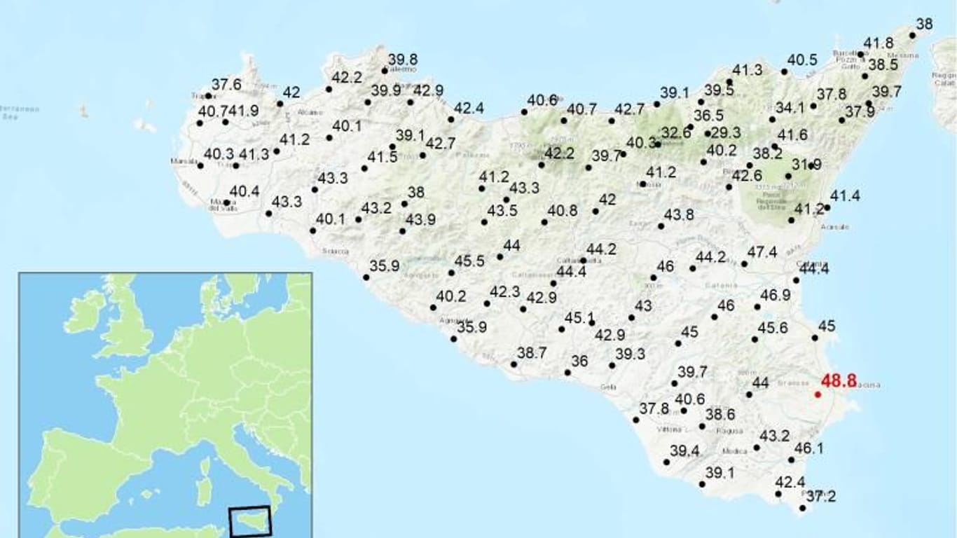 Die Messwerte am 11. August 2021 auf Sizilien: Auch an anderen Orten wurden an jenem Tag Temperaturen gemessen, die teilweise weit über 40 Grad lagen.