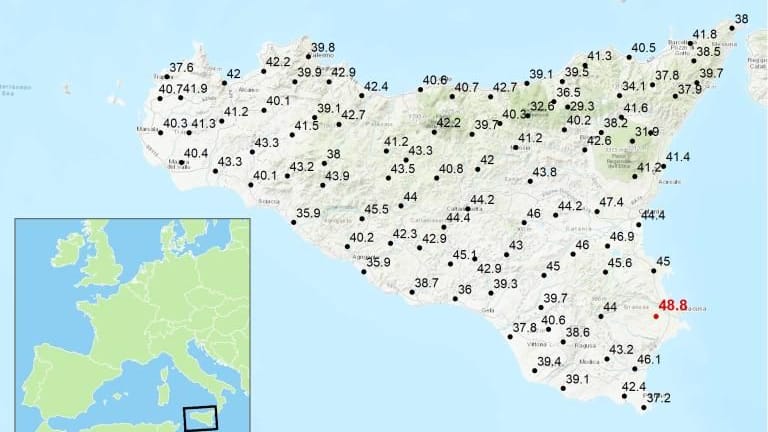 Die Messwerte am 11. August 2021 auf Sizilien: Auch an anderen Orten wurden an jenem Tag Temperaturen gemessen, die teilweise weit über 40 Grad lagen.