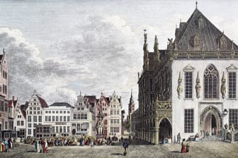 Blick auf den Bremer Marktplatz um 1820 als Illustration: Zu dieser Zeit erzählte man sich die Legende um die eingemauerten Kinder.