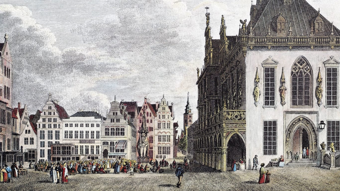 Blick auf den Bremer Marktplatz um 1820 als Illustration: Zu dieser Zeit erzählte man sich die Legende um die eingemauerten Kinder.
