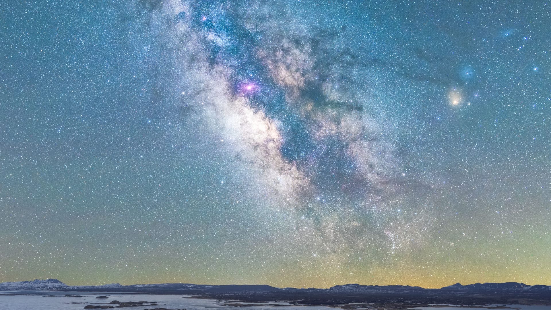 Starry sky over Vatnajokull National Park in winter