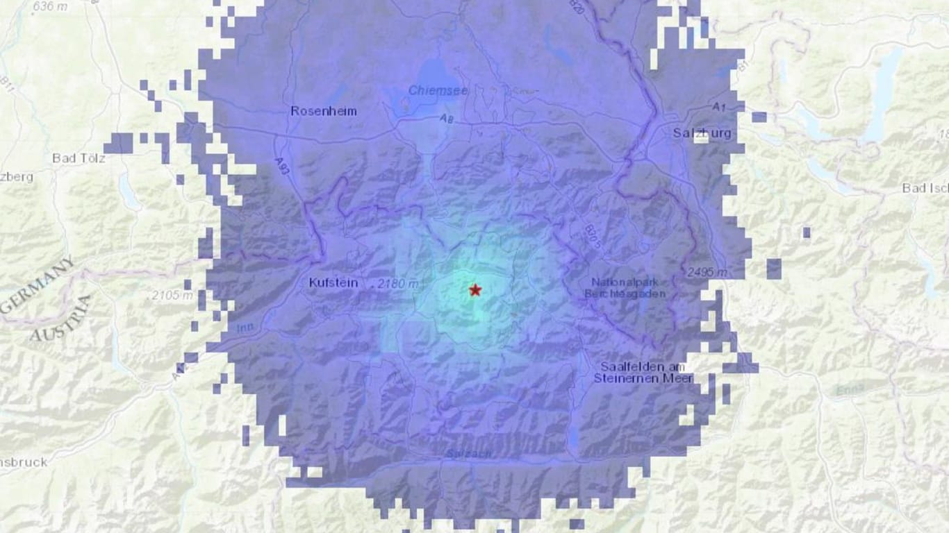 Karte des Portals "Erdbebennews": Im Epizentrum gab es kleinere Schäden, zu spüren war das Beben bis nach Bayern.