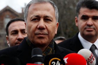 Turkish Interior Minister Ali Yerlikaya talks to the media after visiting the Italian Santa Maria Catholic Church in Istanbul