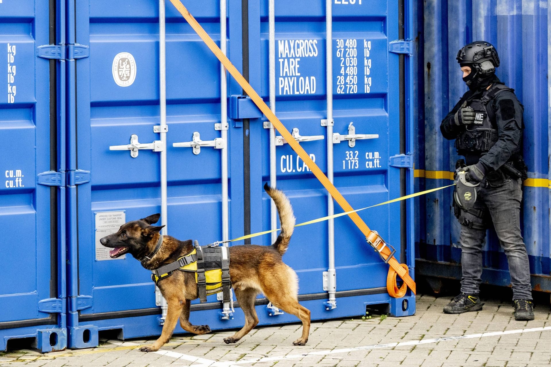 Ein Polizist und ein Drogenspürhund proben den Einsatz im Hafen von Rotterdam: Hier werden europaweit am meisten Container umgeschlagen.