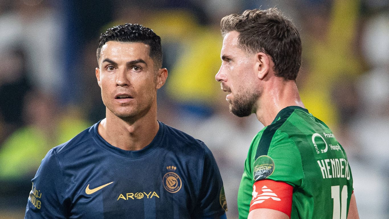 Cristiano Ronaldo (l.) und Jordan Henderson: Der Portugiese bleibt in Saudi-Arabien, der Engländer ist weg.