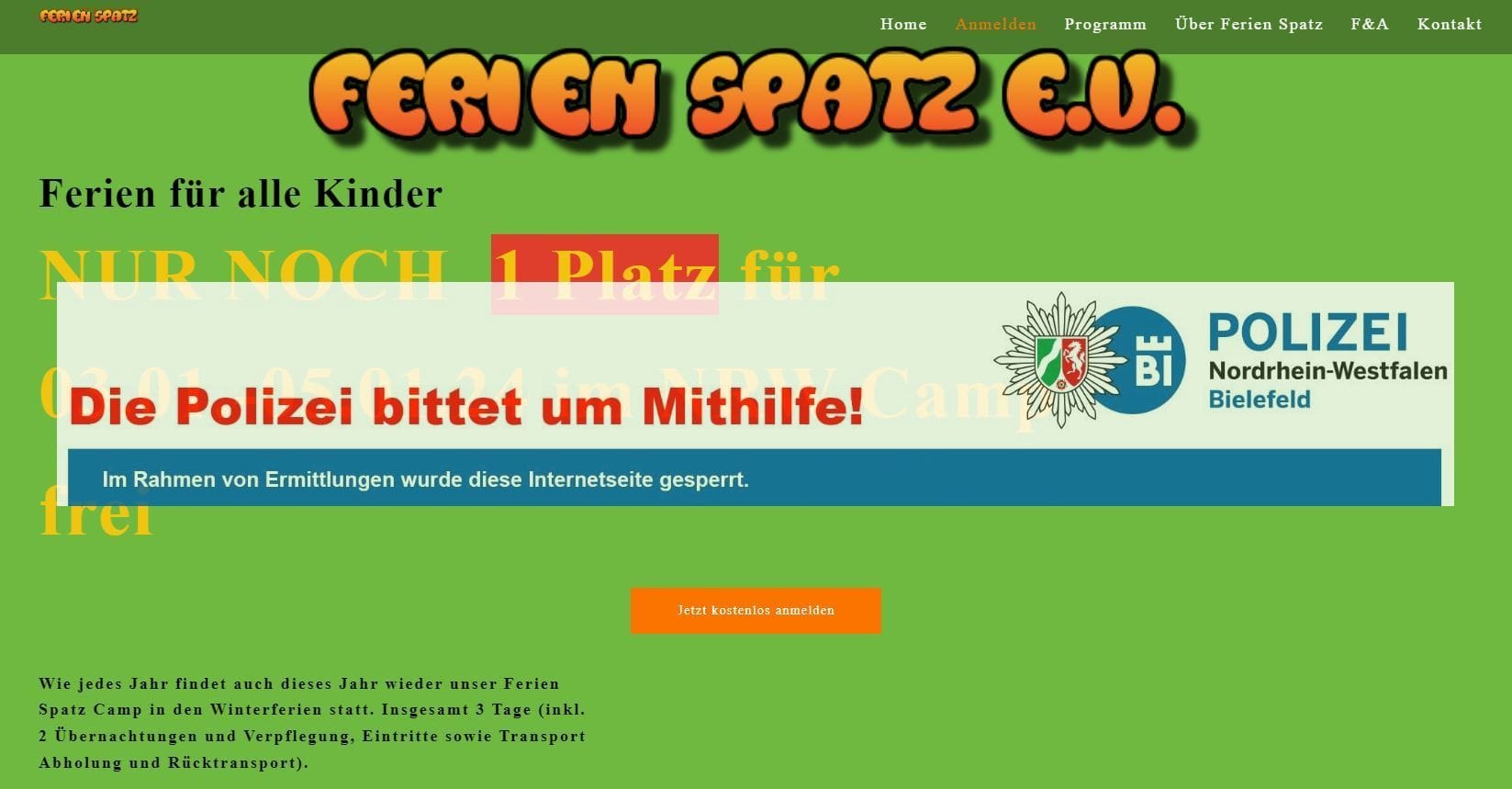 Screenshot des gesperrten Internetauftritts des Anbieters.