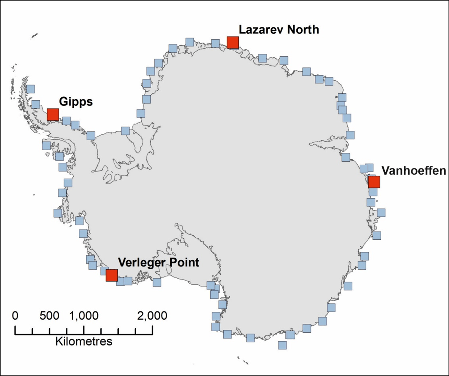 Karte der Antarktis: Die roten Vierecke zeigen die neuentdeckten Kolonien an, die blauen bereits bekannte.