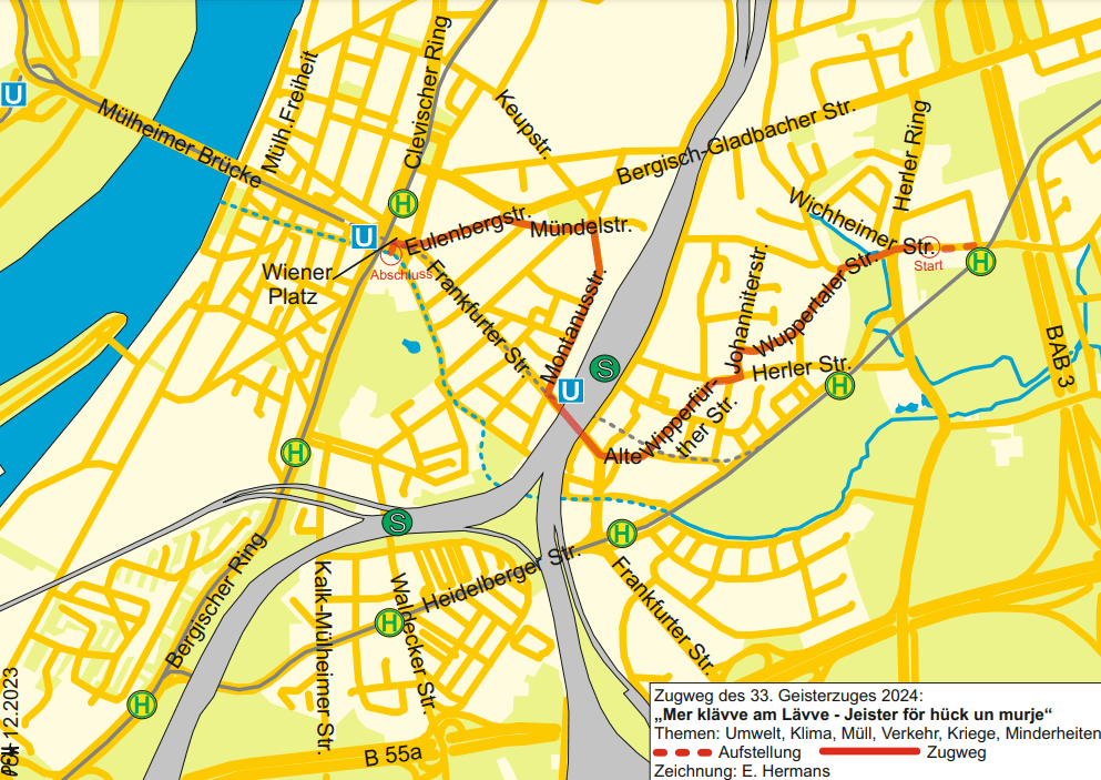 Die Route des Geisterzugs 2024: Von Buchheim zieht er bis zum Wiener Platz in Mülheim.
