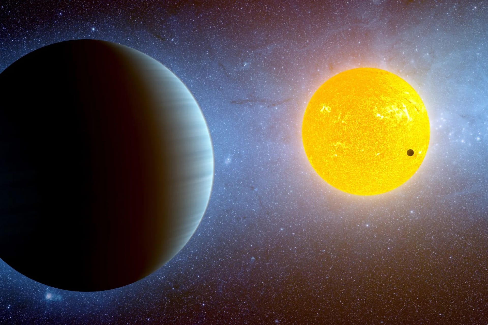 Darstellung eines kleinen Exoplaneten nahe seiner Sonne: Wie "Kepler-10 b" ist auch "HD 63433 d" ein kleiner Gesteinsplanet auf einer engen Umlaufbahn um seinen Stern.