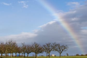 Ein Regenbogen über Apfelbäumen (Symbolbild): Am Wochenende wird die Sonne nur selten zu sehen sein.