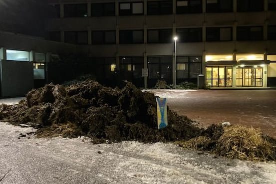 Der Misthaufen vor dem Finanzamt Stade: Darin befand sich eine auf einer Holzlatte aufgemalte Ampel.