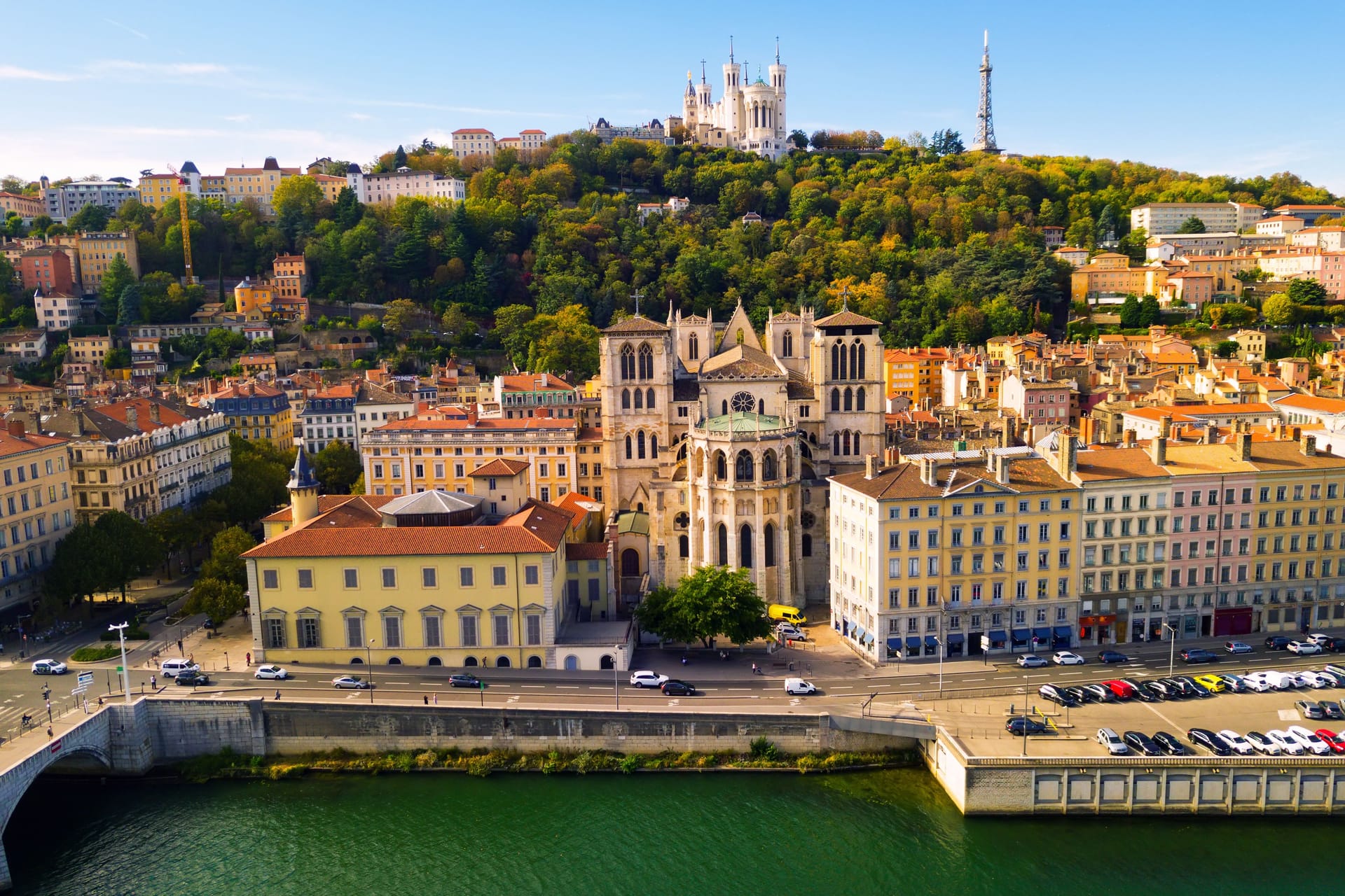 View from drone of Cathedral, Basilica and Saone, Lyon