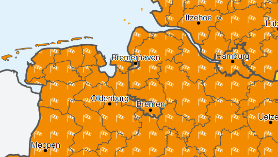 Die Warnkarte des Deutschen Wetterdienstes zeigt für Mittwoch in zahlreichen Regionen "markantes Wetter" an.