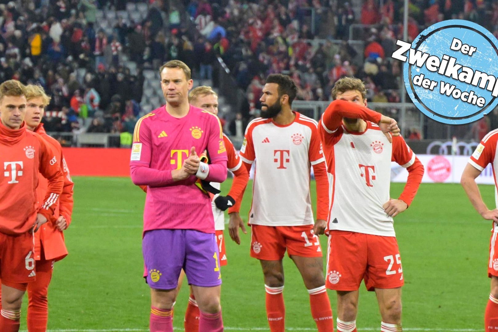 Lange Gesichter nach der Heimniederlage gegen Bremen: Joshua Kimmich (v. l.), Frans Krätzig, Manuel Neuer, Konrad Laimer, Eric Maxim Choupo-Moting, Thomas Müller, Matthijs de Ligt.