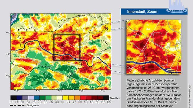 Oben abgebildet ist die Karte der mittleren jährlichen Anzahl der Sommertage für den Zeitraum 1971 - 2000 aus Simulationen mit dem Stadtklimamodell MUKLIMO_3 (3-dimensionales Mikroskaliges Urbanes KLImaMOdell).Die horizontale Auflösung der Kartenwerte beträgt 100 m. Das Klima der Region um Frankfurt wurde durch Messwerte an der Flugwetterwarte Frankfurt am Main vorgegeben.