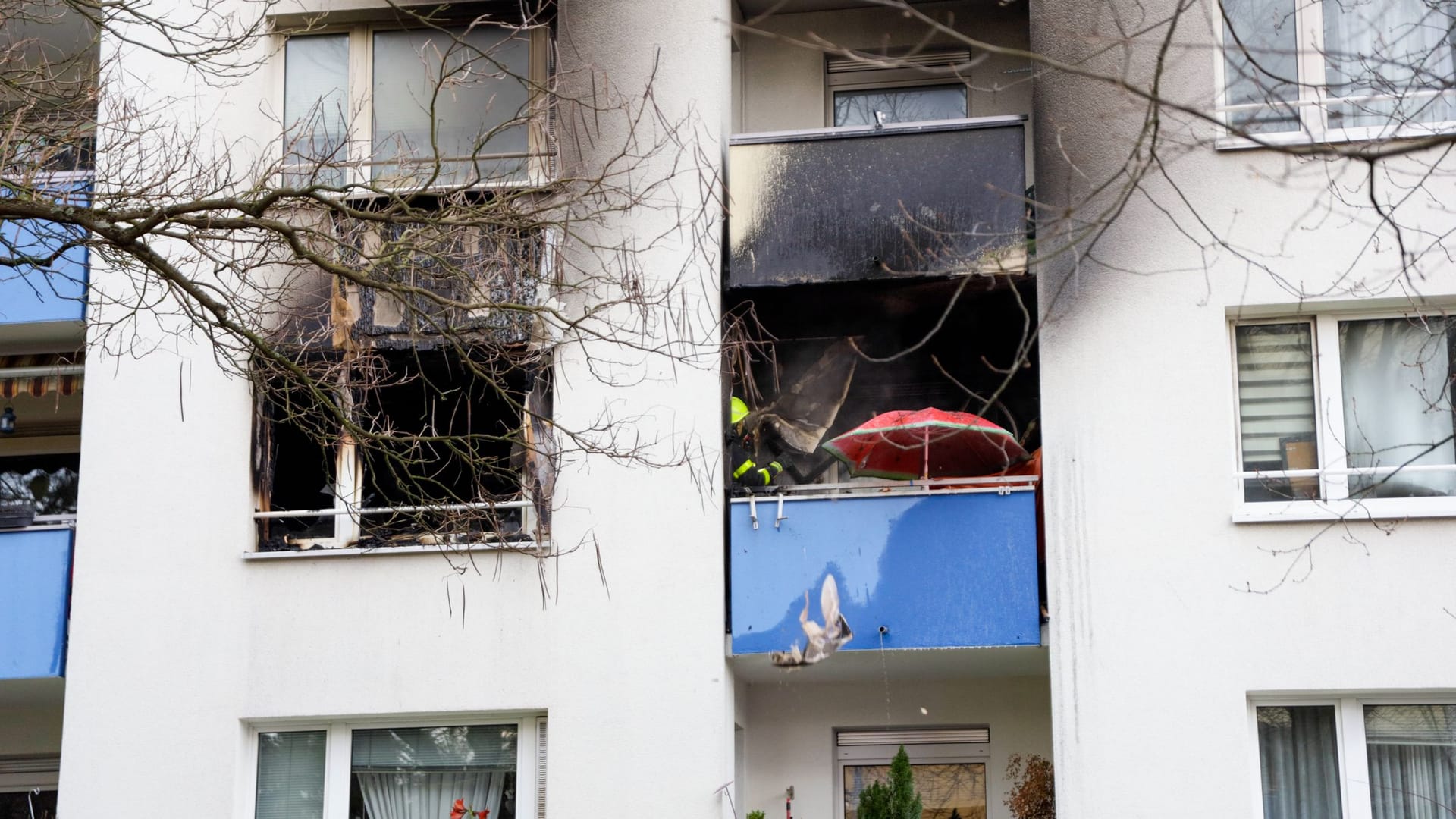 Eine dichte Rauchwolke und Flammen schlugen am Sonntagnachmittag aus der brennenden Wohnung in der Aussiger Straße in Frankfurt.