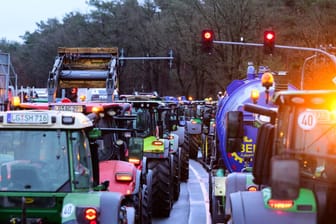 Landwirte blockieren mit ihren Treckern die Auffahrt zu einer Autobahn (Archivbild):