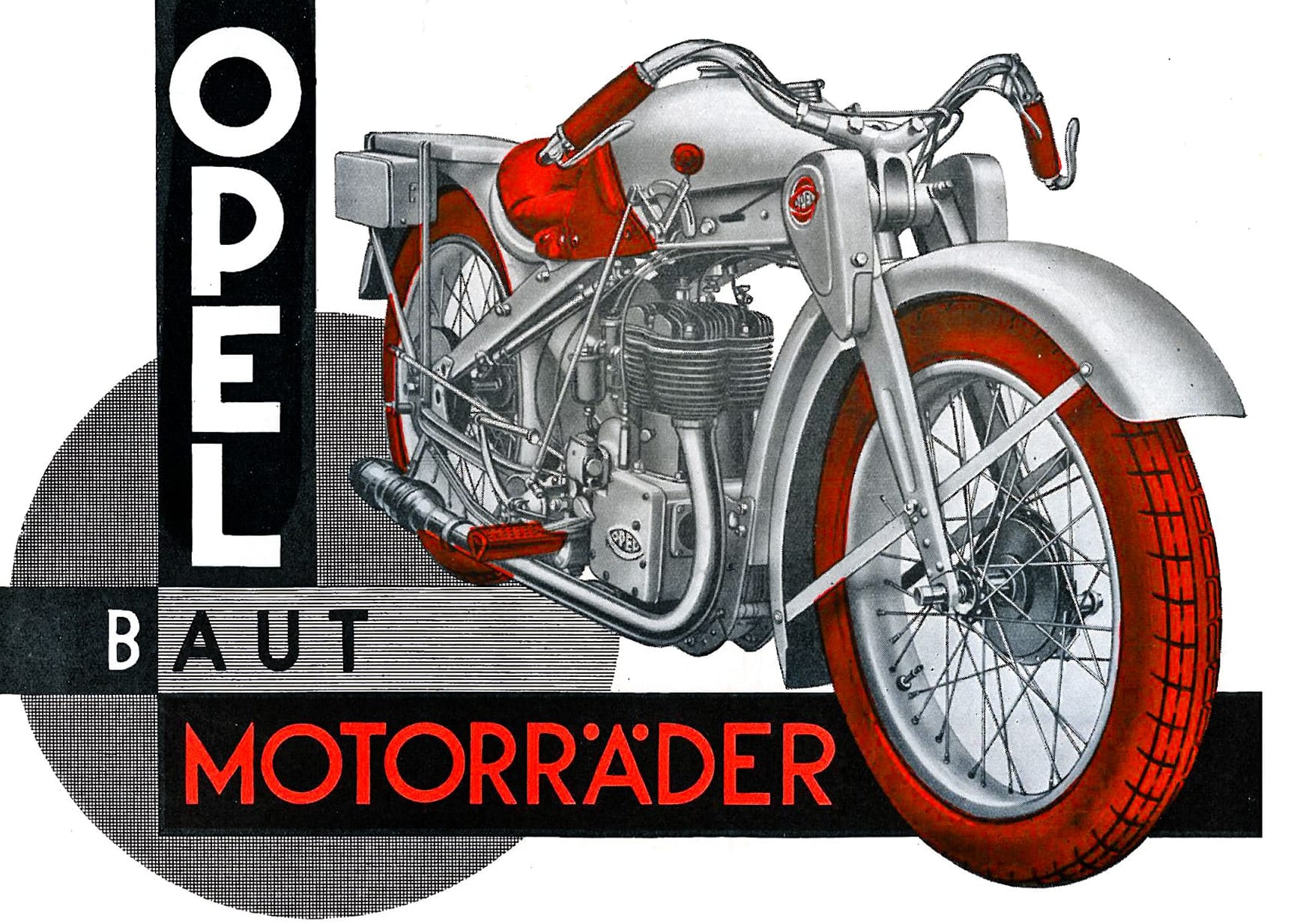Opel Motoclub: Das avantgardistisches Modell mit markanten roten Reifen war eines der ersten Motorräder mit Pressstahlrahmen und wurde 1928 vorgestellt. Mit seiner Einstellung 1930 endete die Motorrad-Ära bei Opel.
