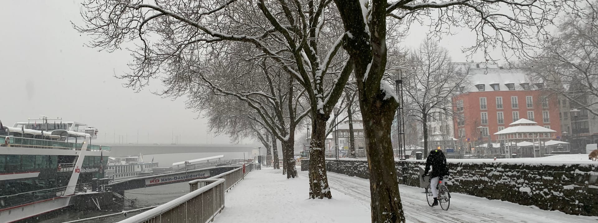 Rheinufer in Köln: Nach dem heftigen Schneefall am Mittwoch sind nur wenige Fußgänger unterwegs.