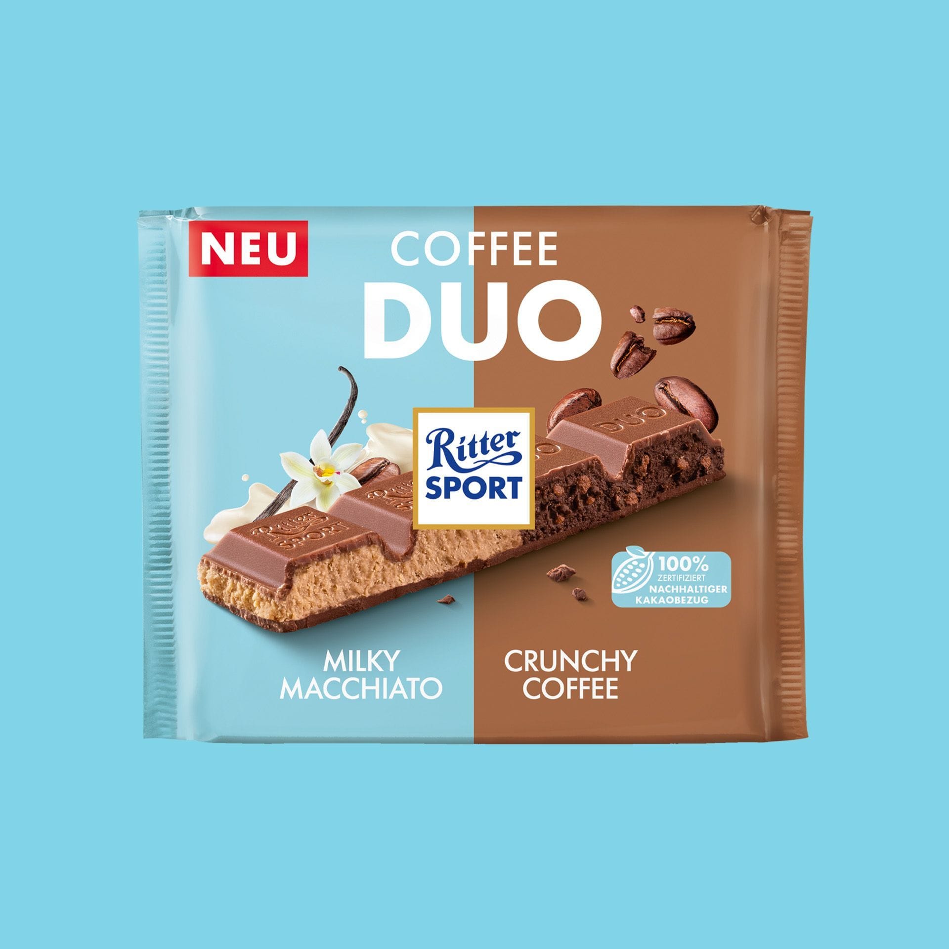 In dieser Duo-Tafel stecken die Geschmacksrichtungen Milky Macchiato und Crunchy Coffee.