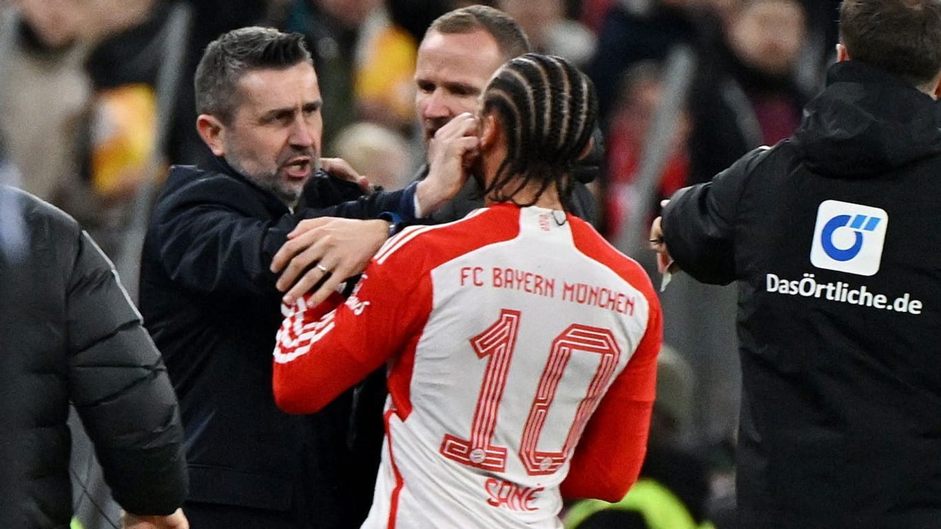 Nenad Bjelica und Leroy Sané: Der Union-Coach verlor kurz vor Spielende die Nerven im Duell mit Bayern.