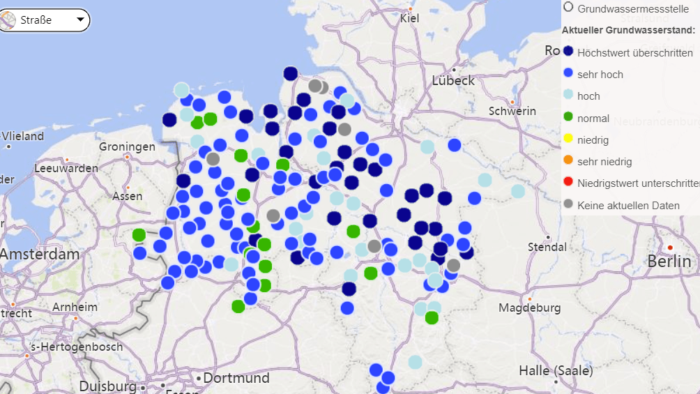 Visualisierung im Februar 2024: Im Vergleich zum Sommer 2023 sind die Grundwasserstände im Nordwesten wieder im Normalbereich angekommen.