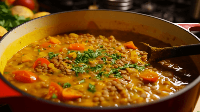 Vegane Linsensuppe mit Kokosmilch und Gemüse | Leckeres Rezept