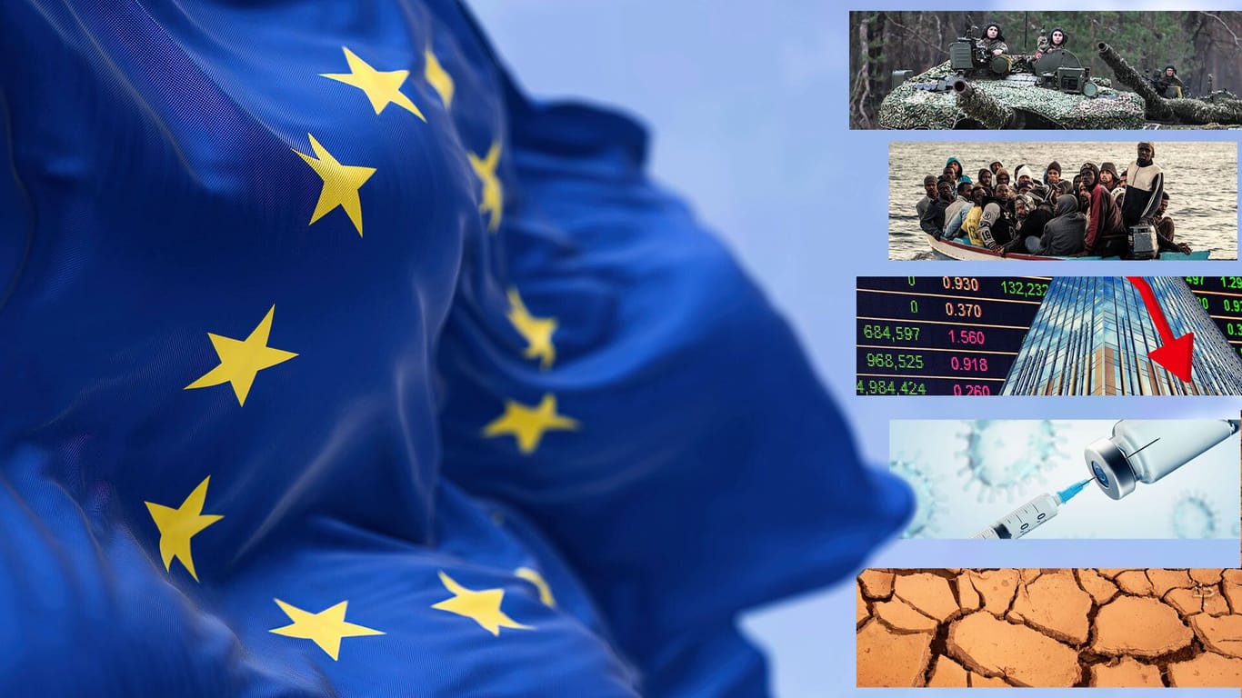 Ukraine-Krieg, Migrationskrise, Wirtschaftscrash, Corona-Pandemie und Klimakrise: Diese fünf Probleme besorgen die EU-Bürger laut einer Studie am meisten.