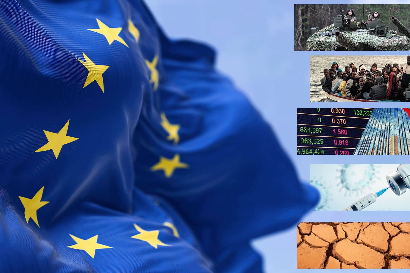 Ukraine-Krieg, Migrationskrise, Wirtschaftscrash, Corona-Pandemie und Klimakrise: Diese fünf Probleme besorgen die EU-Bürger laut einer Studie am meisten.