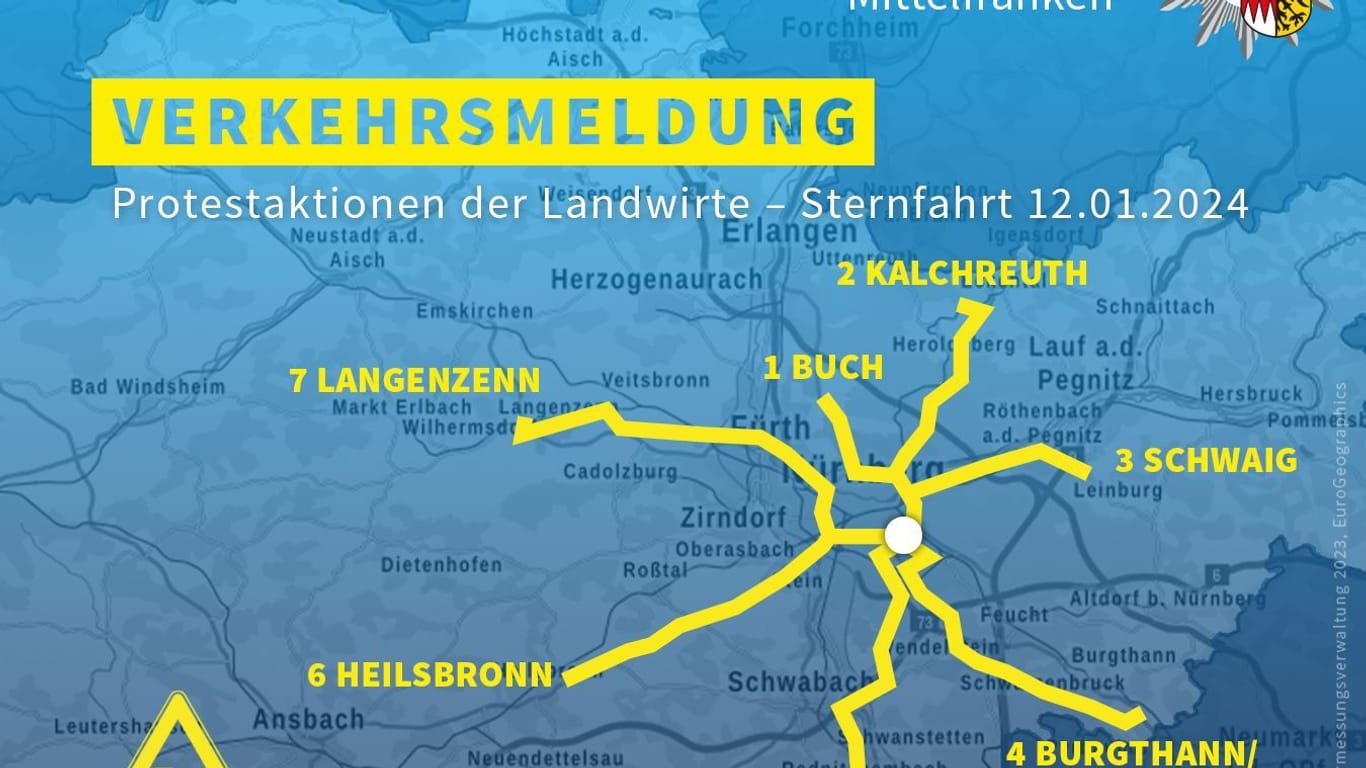 Auf diesen Routen sind die Traktoren am Freitag Richtung Nürnberg unterwegs: Ihr Ziel ist der Volksfestplatz.