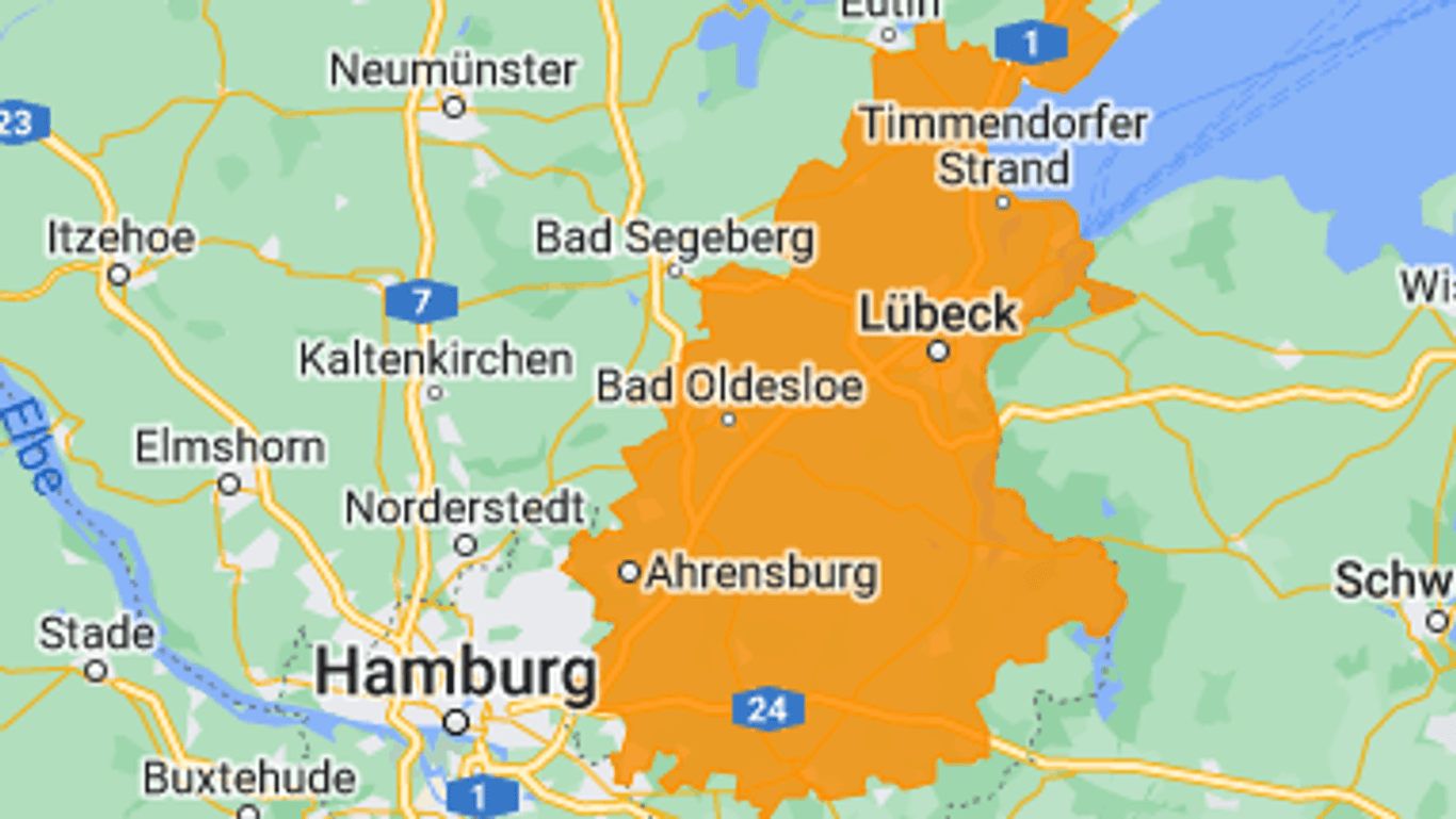 Warnung in der Nina-App: Im orange-markierten Gebiet fielen in der Nacht größere Schneemengen.