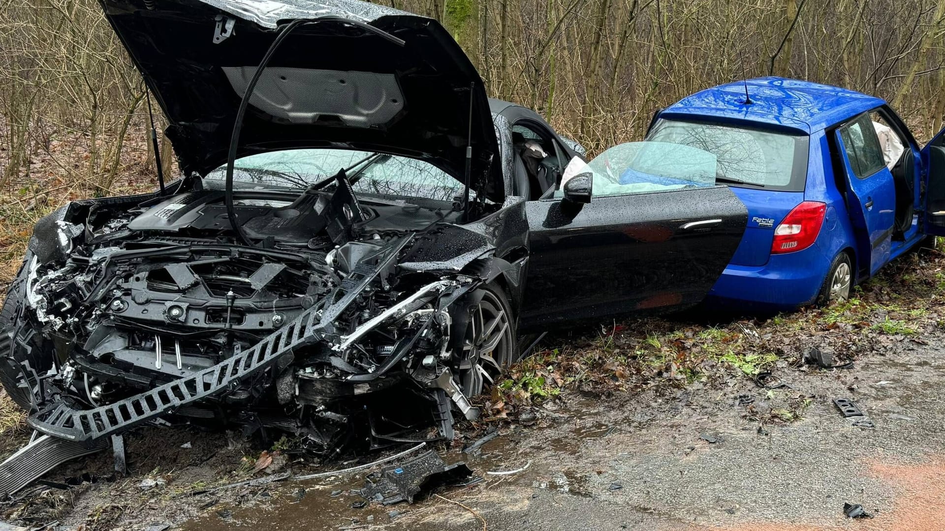 Die Unfallstelle: Beide Wagen schleuderten von der Straße, die Insassen im Škoda starben.