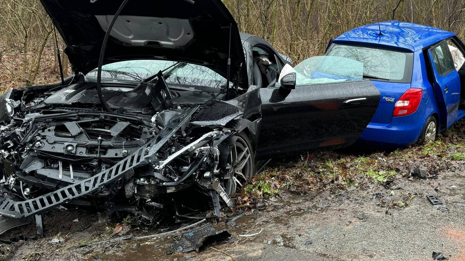 Die Unfallstelle: Beide Wagen schleuderten von der Straße, die Insassen im Škoda starben.