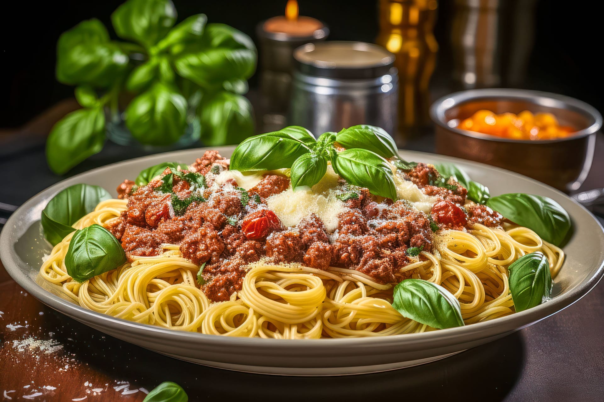 Ein Teller Nudeln mit Spaghetti Bolognese. Garniert mit Basilikum.