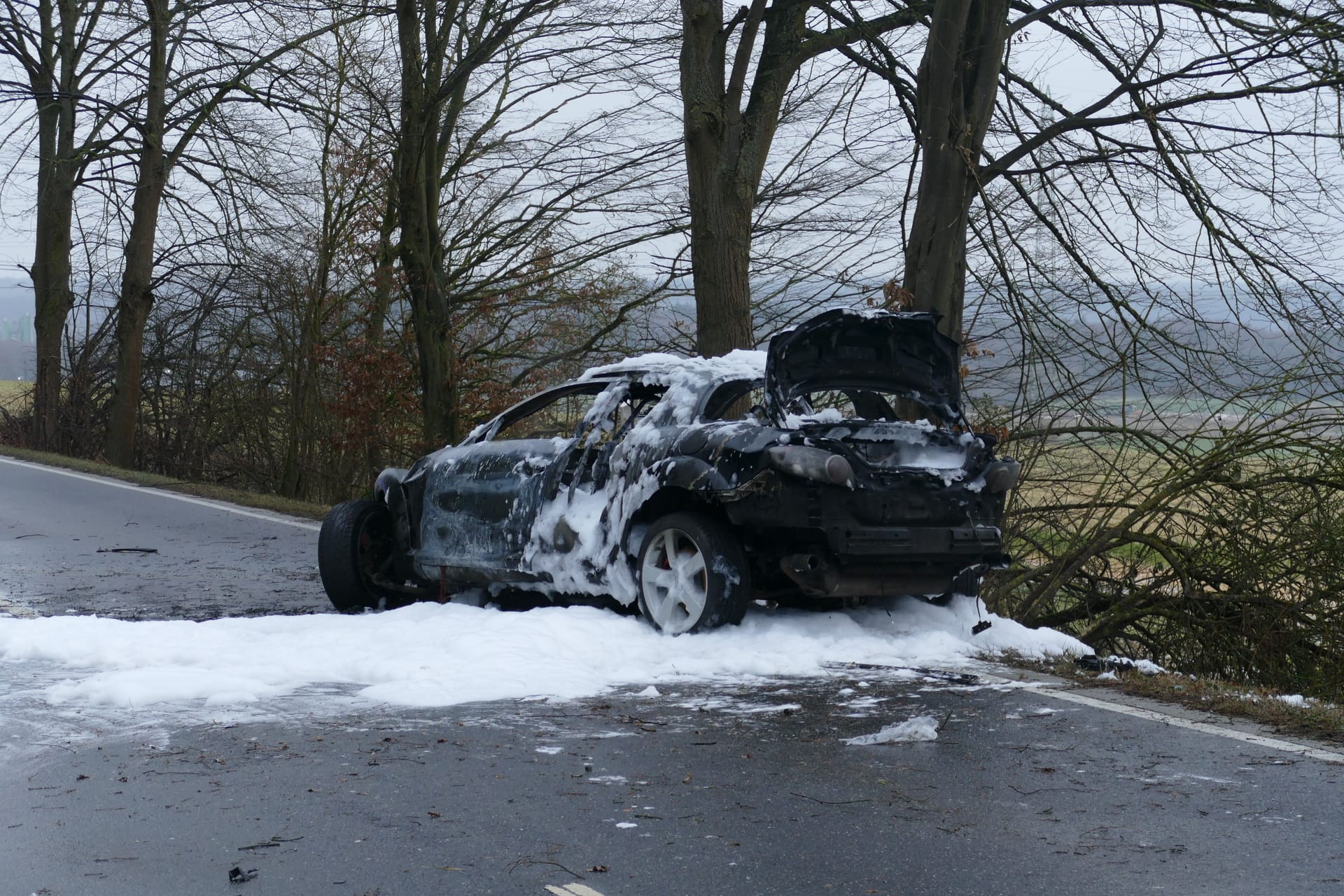 Das Unfallauto brannte vollkommen aus: Der Fahrer starb noch an der Unfallstelle.