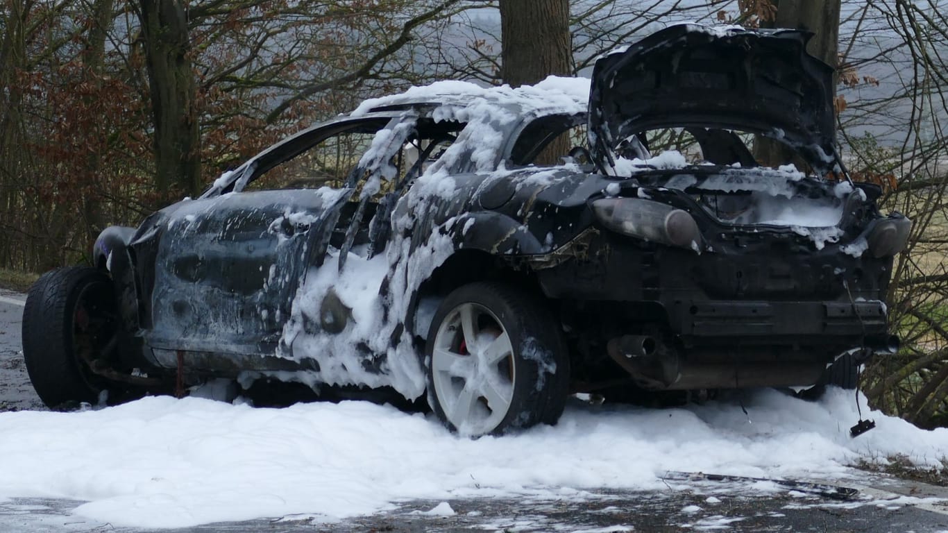 Das Unfallauto brannte vollkommen aus: Der Fahrer starb noch an der Unfallstelle.